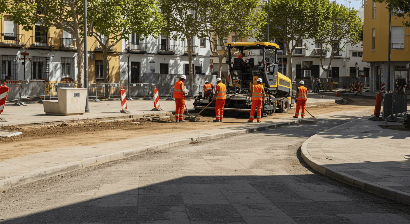 Puente en construcción al atardecer.