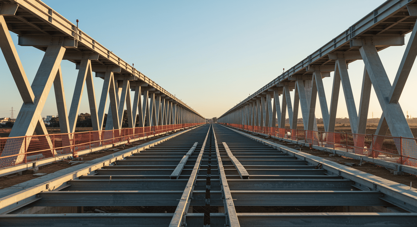 Puente en construcción al atardecer.