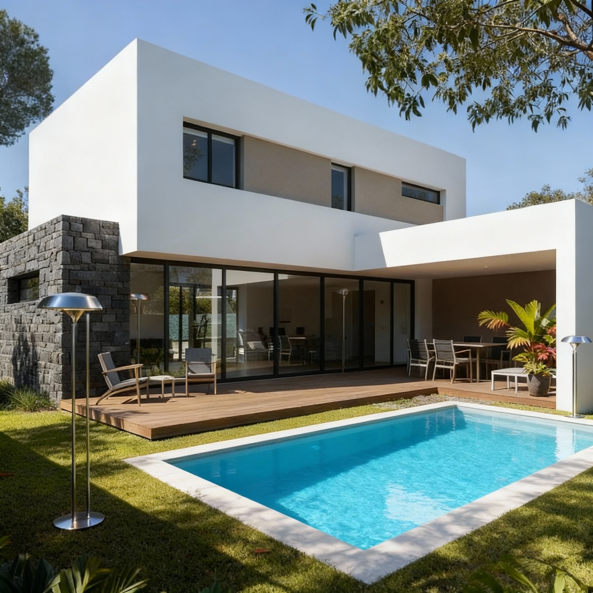 Casa moderna con piscina y jardín.