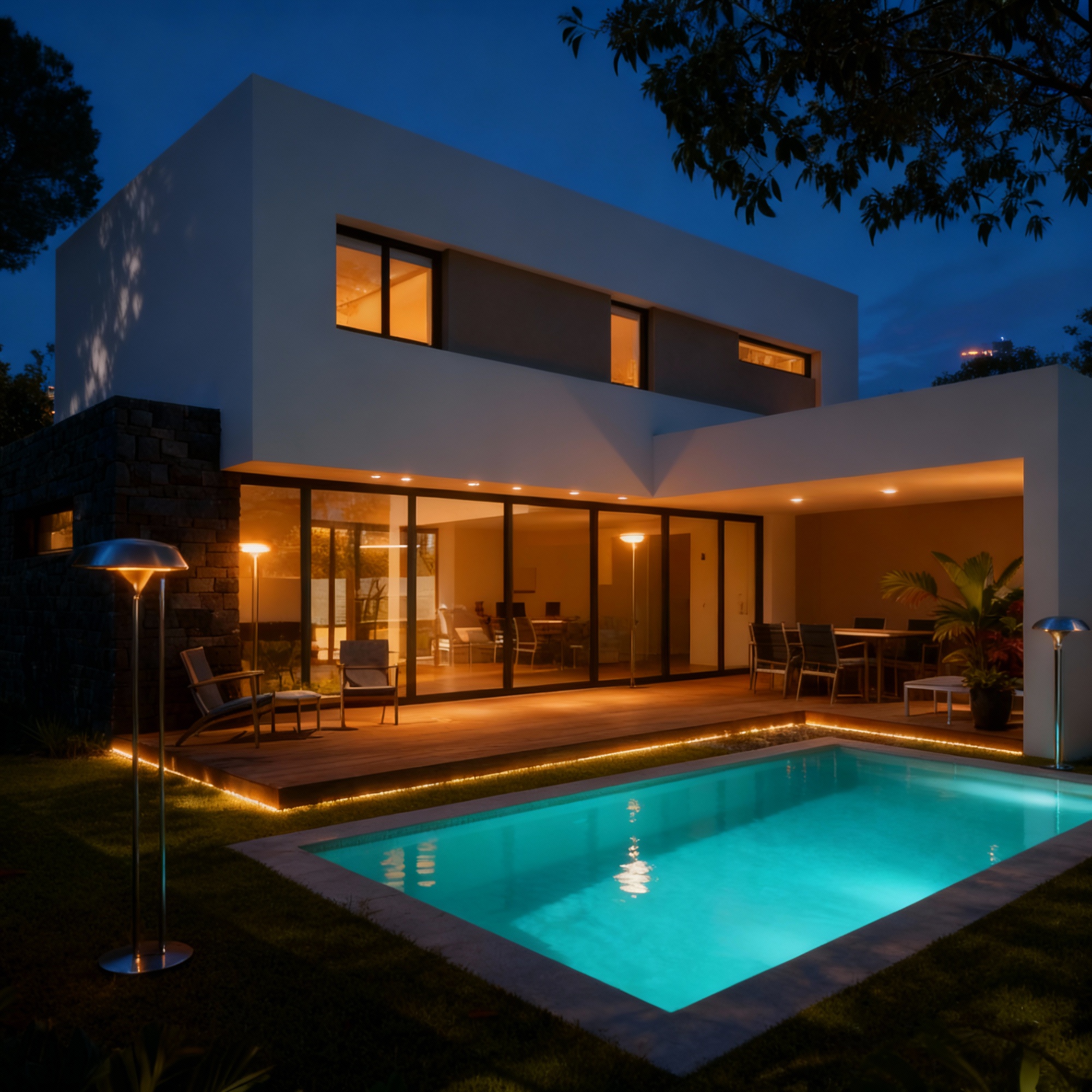 Casa moderna con piscina iluminada.