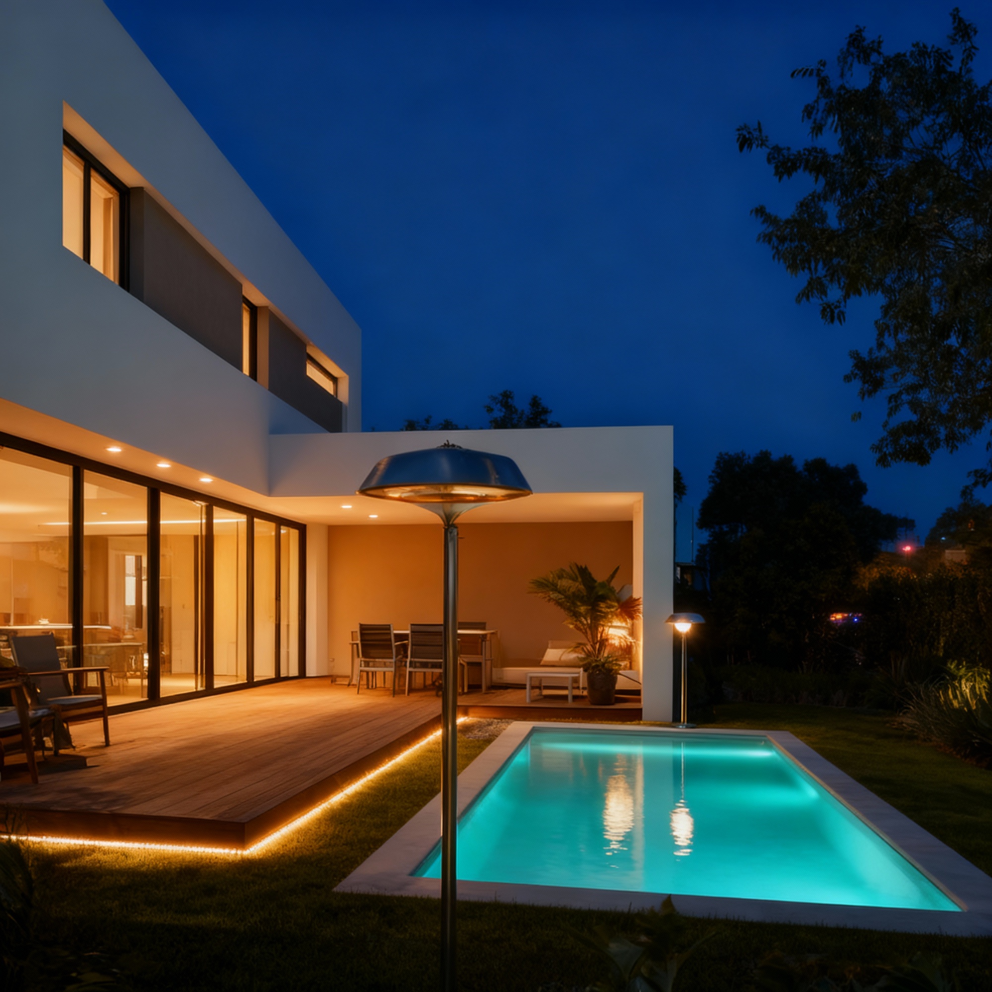 Casa moderna con piscina iluminada.